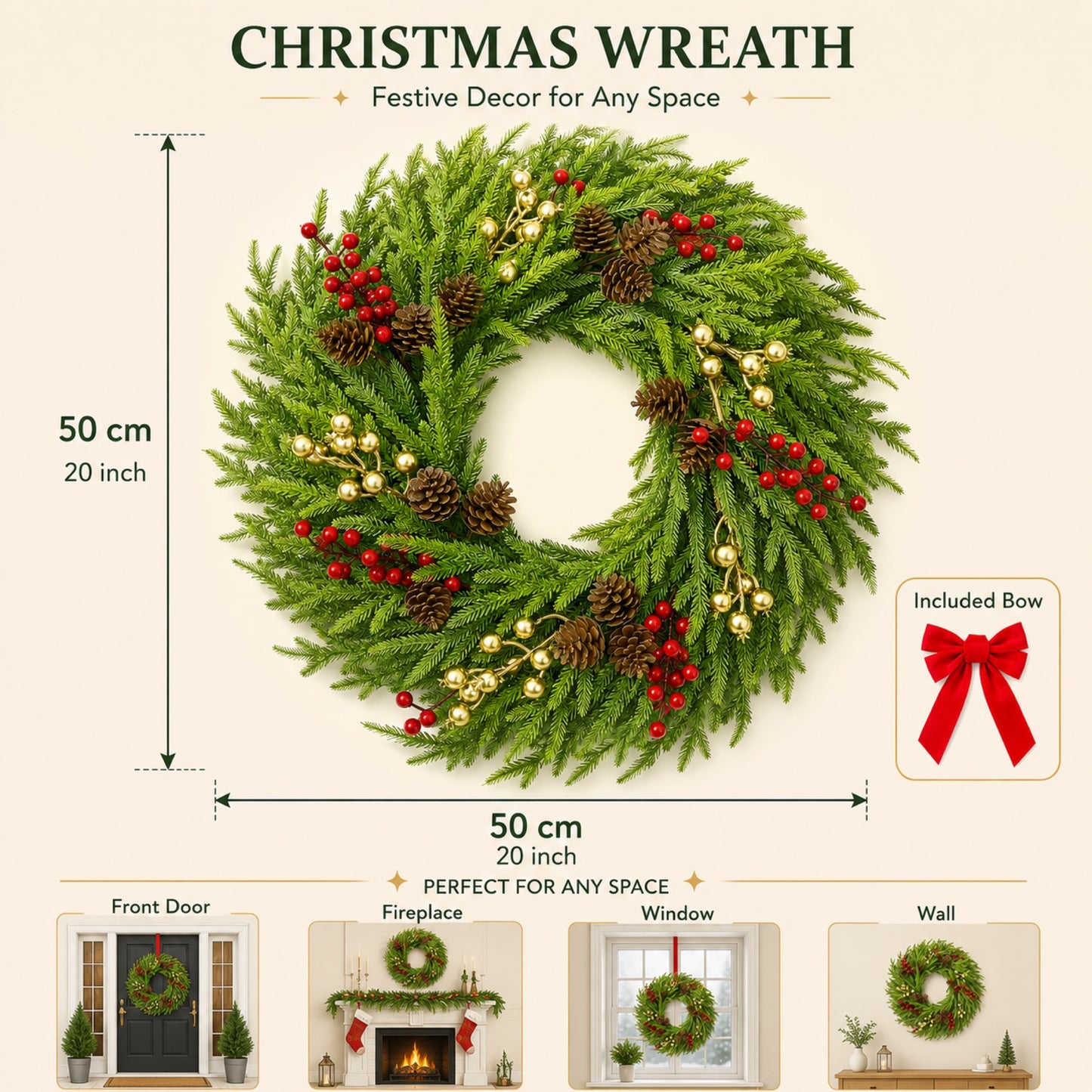 Artificial Pine Red Berry Bow Christmas Wreath — view 5