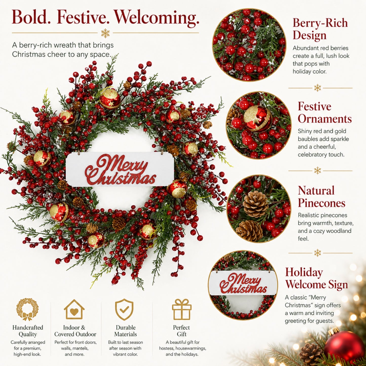 Artificial Red Gold Star Christmas Wreath — view 5