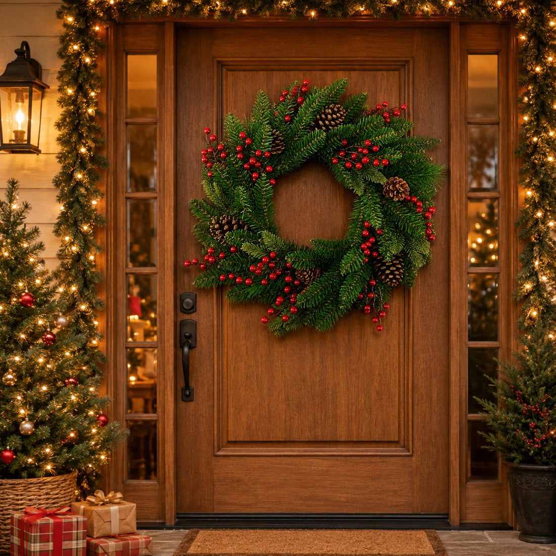 pinecone and red berry artificial Christmas wreath prepared for seasonal storage