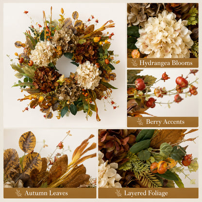 Artificial White Hydrangea Fall Wreath features