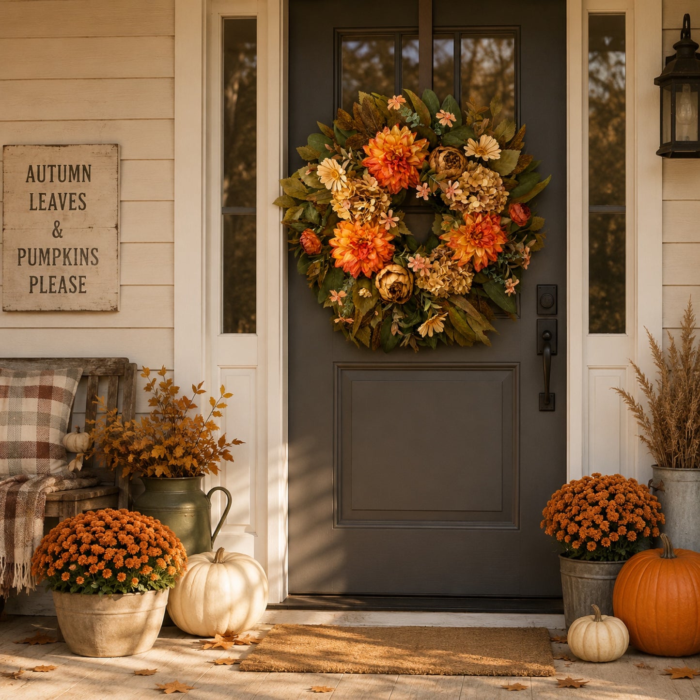 Artificial Orange Hydrangea Fall Wreath in use