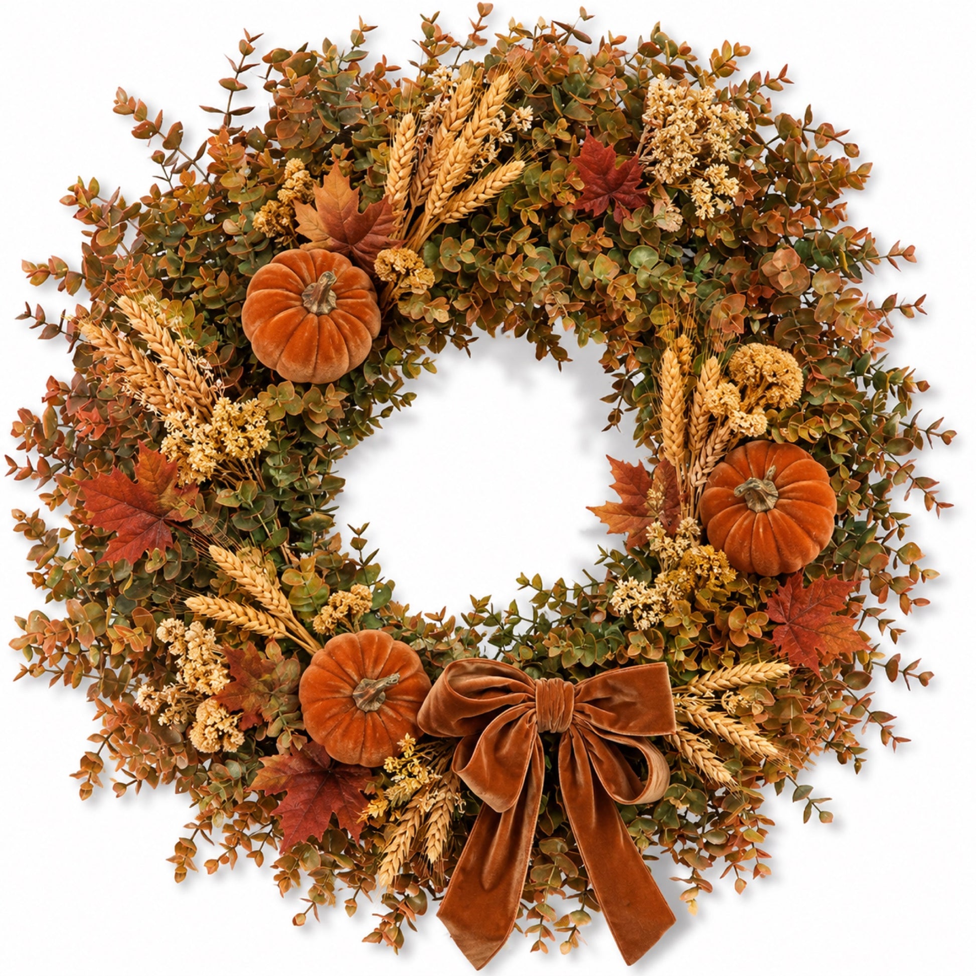 Artificial Pumpkin & Velvet Bow Fall Wreath product
