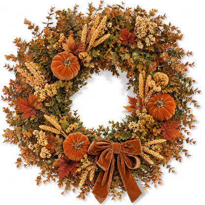 Artificial Pumpkin & Velvet Bow Fall Wreath product