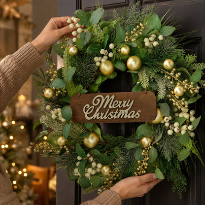 Artificial Champagne Gold Ornament Christmas Wreath in use