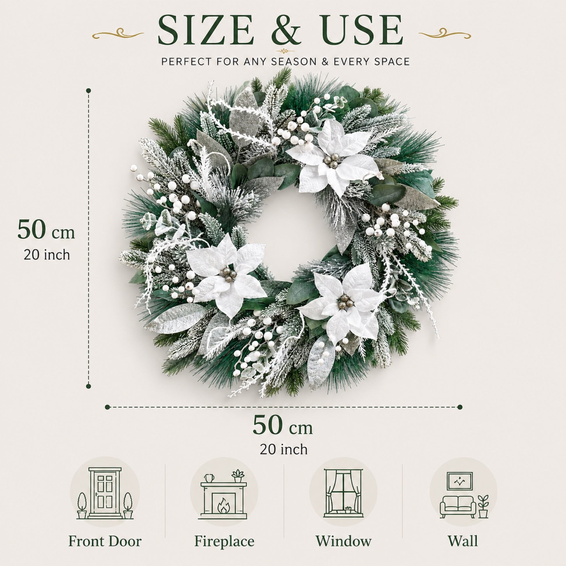 Artificial Snowy Eucalyptus & White Berry Christmas Wreath dimensions