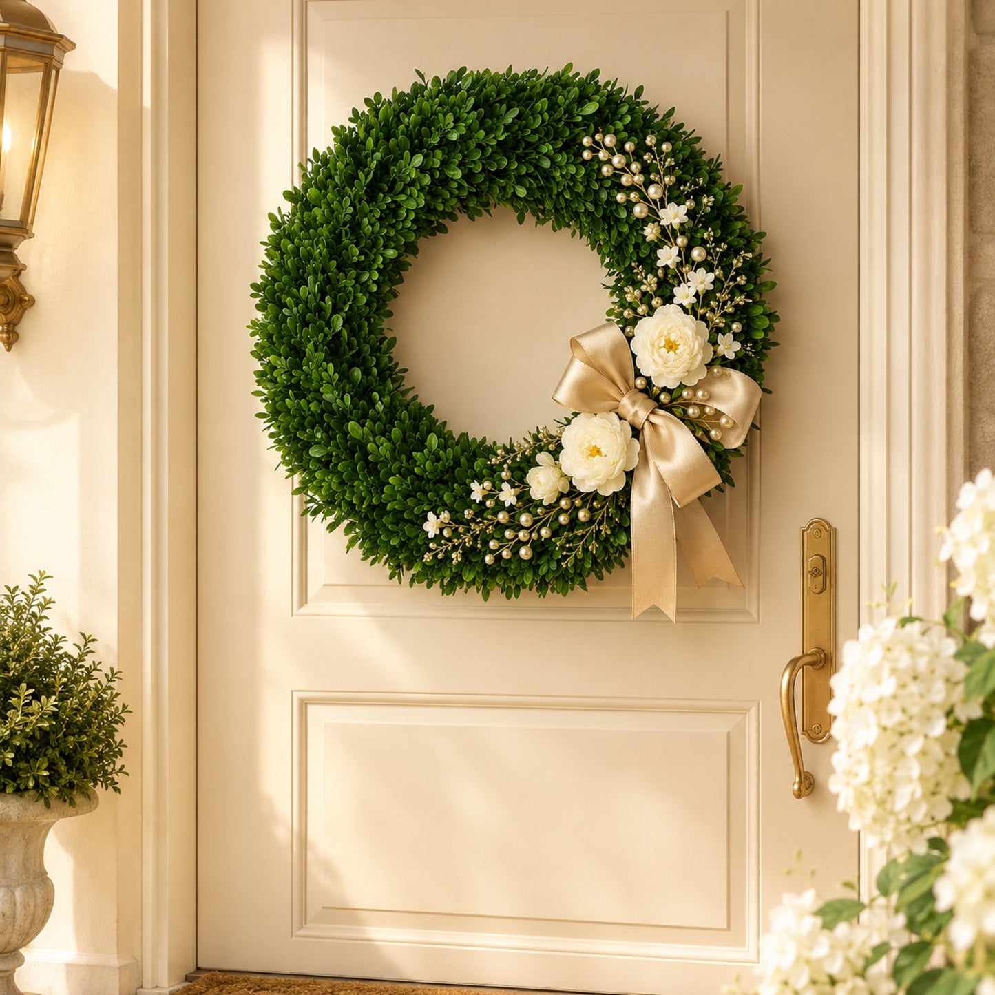Artificial Apricot Rose Pearl Wreath — view 1