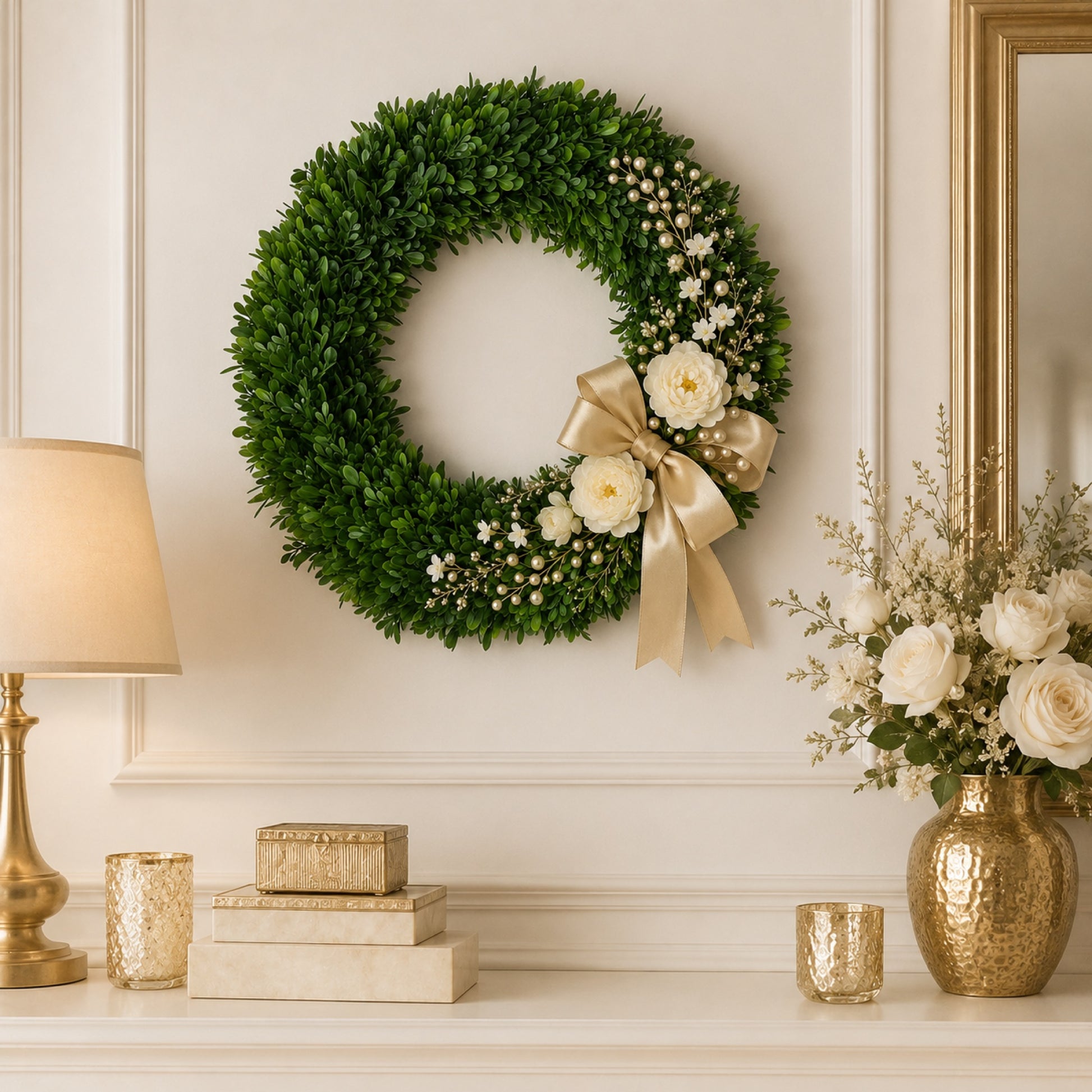 Artificial Apricot Rose Pearl Wreath — view 2