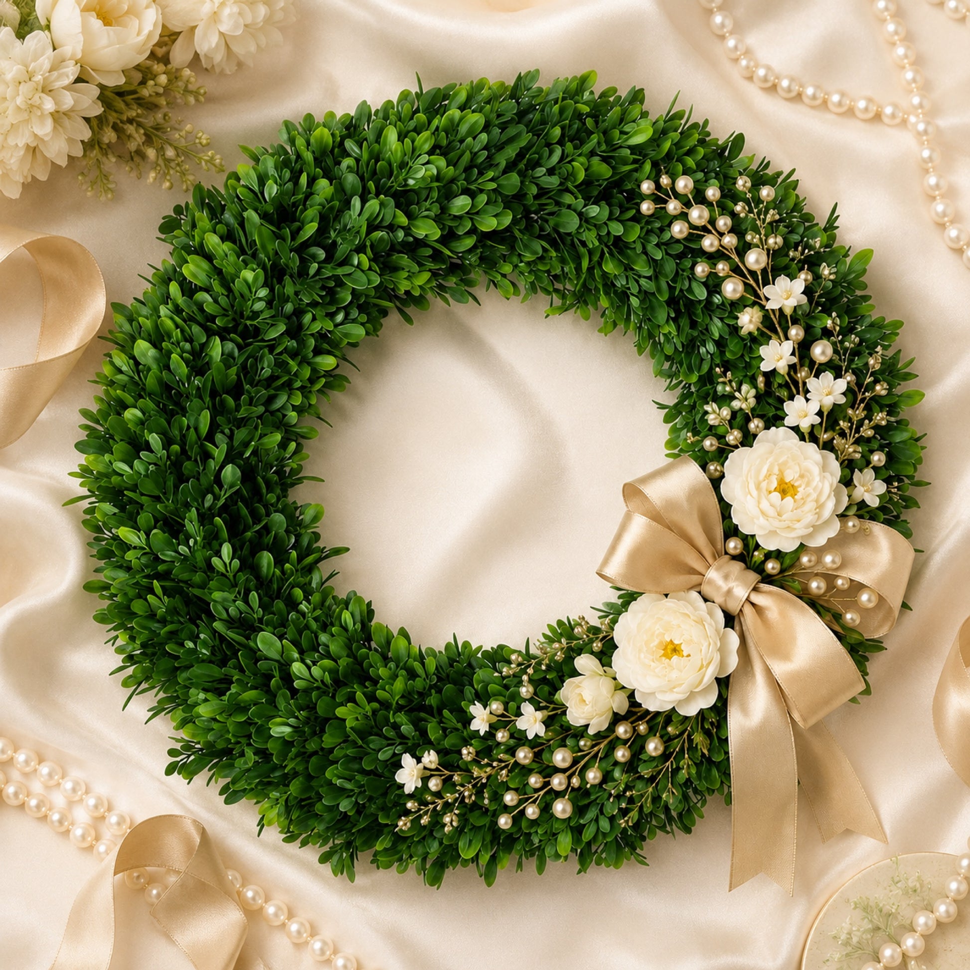Artificial Apricot Rose Pearl Wreath — view 3