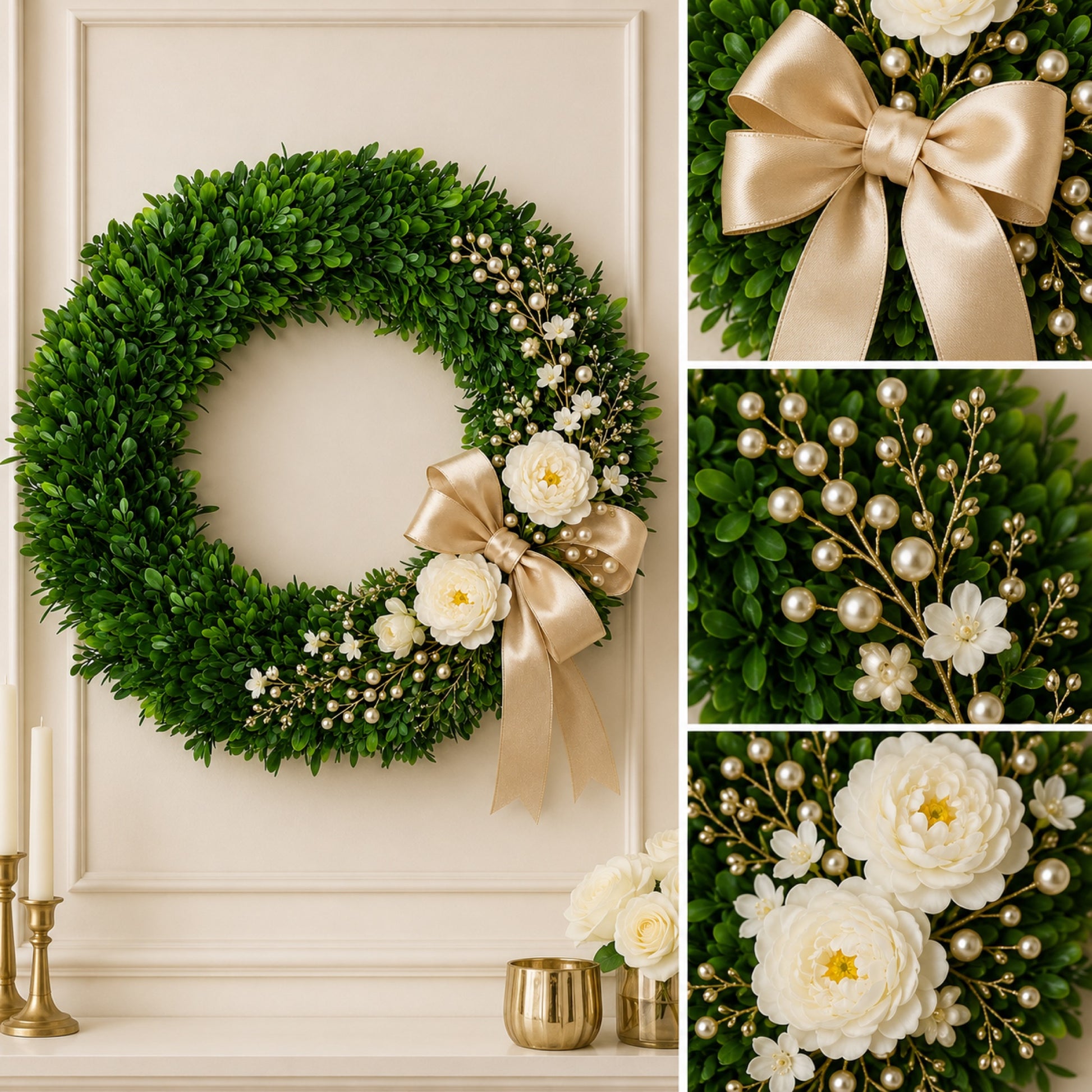 Artificial Apricot Rose Pearl Wreath — view 4