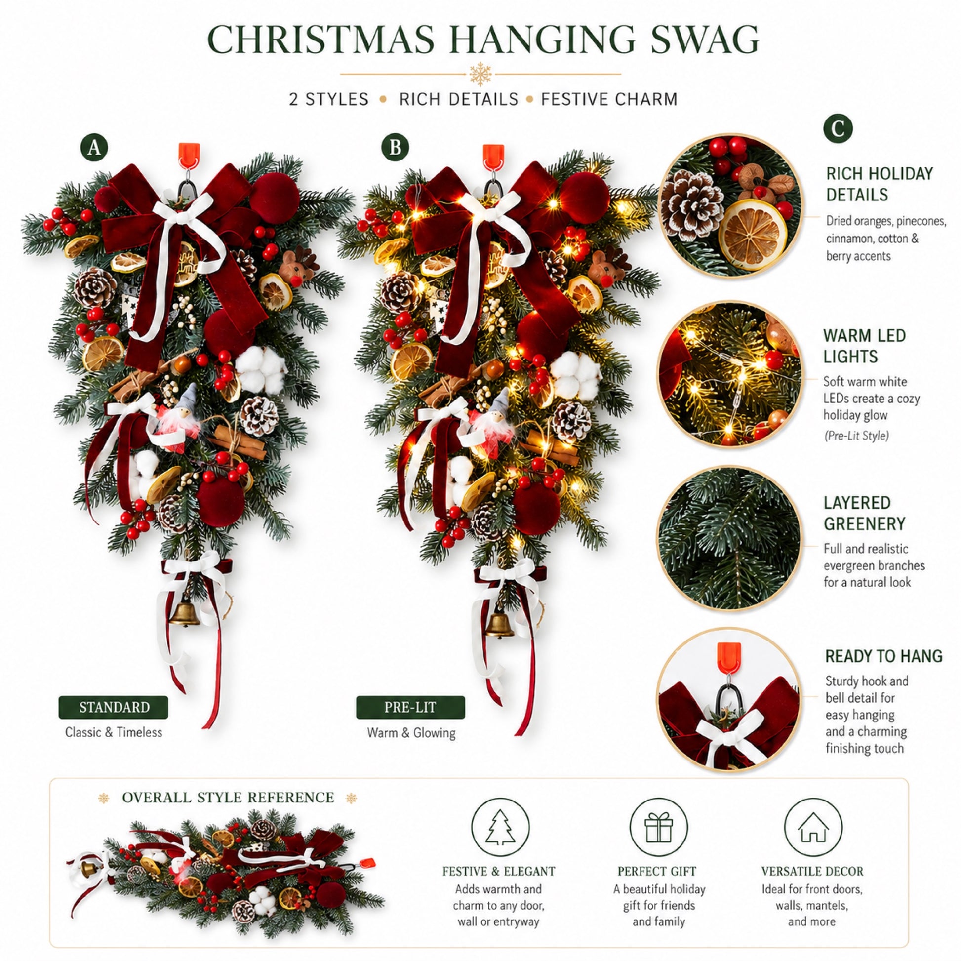 Artificial Burgundy Hanging Christmas Swag — view 3