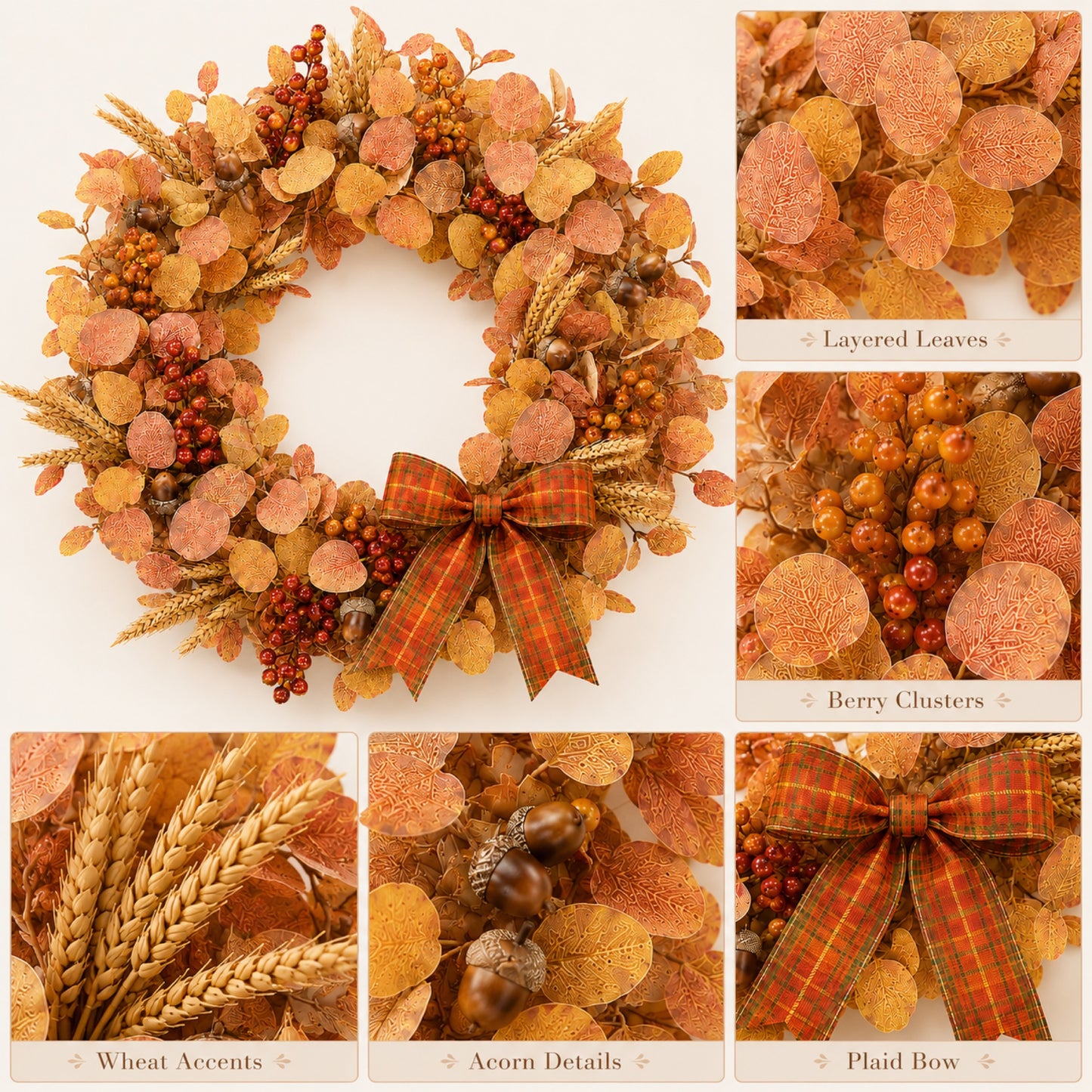 Artificial Eucalyptus Hazelnut Fall Wreath — view 4