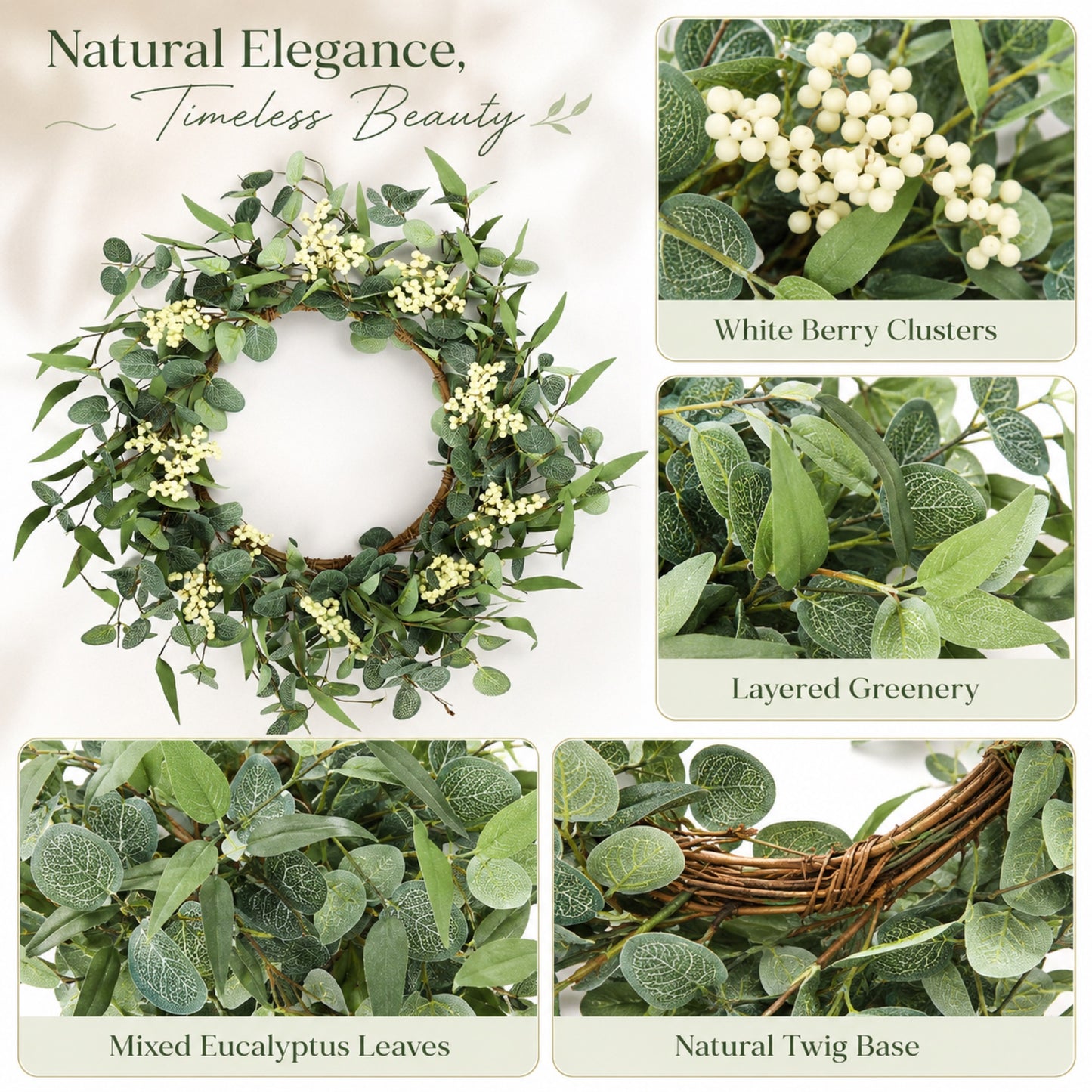 Artificial Eucalyptus Snowberry Wreath — view 3