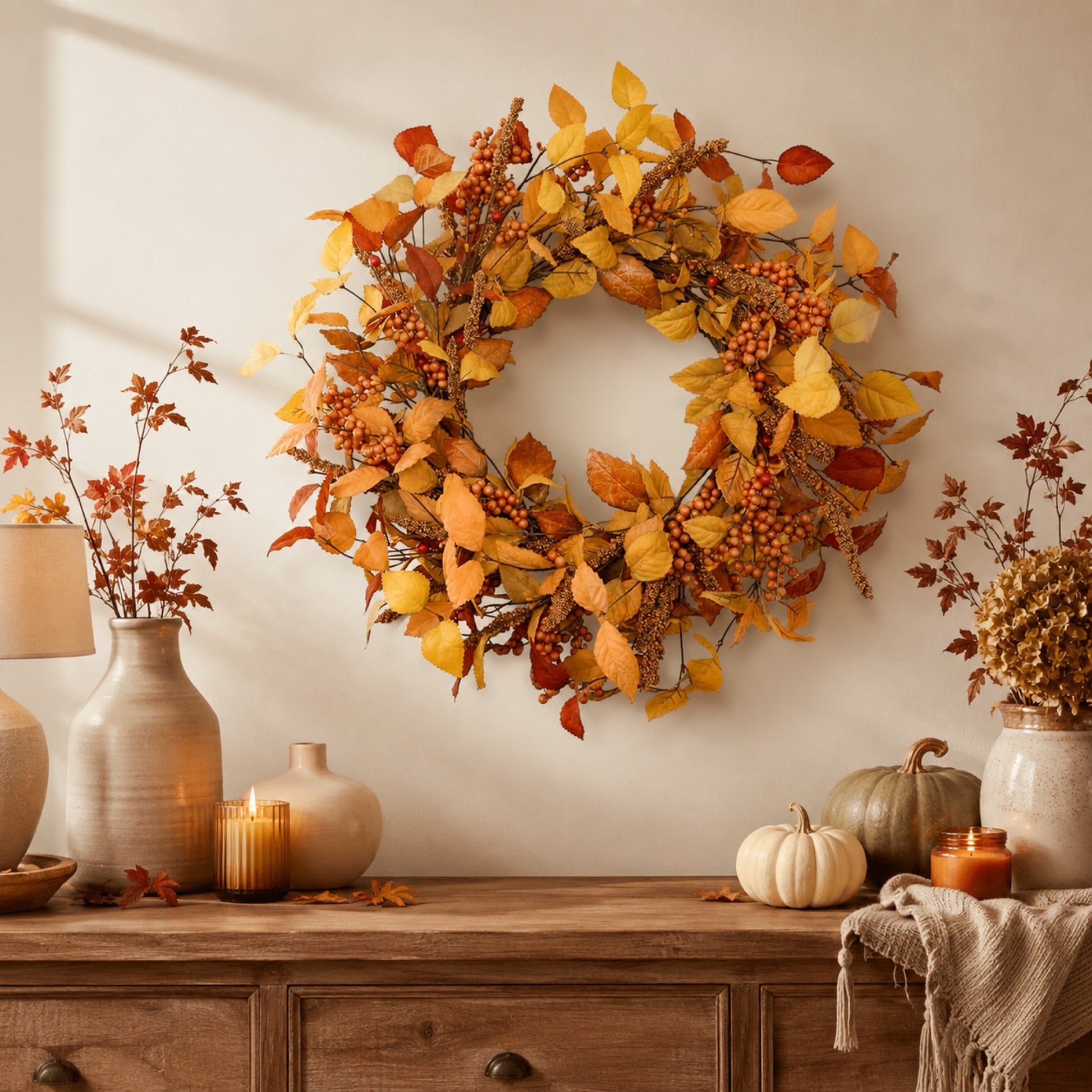 Artificial Eucalyptus Sorghum Fall Wreath — view 3