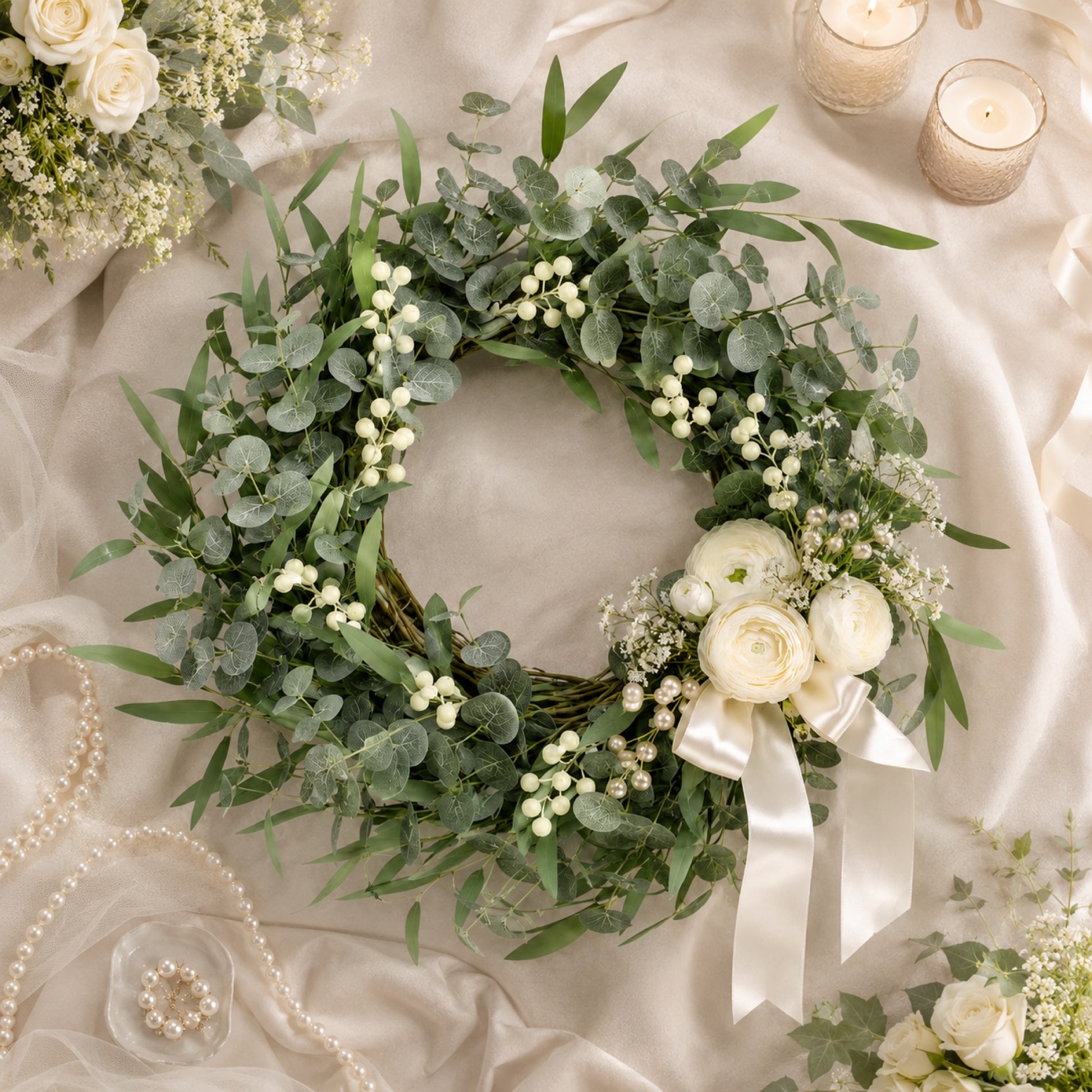 Artificial Eucalyptus White Berry Wreath — view 6
