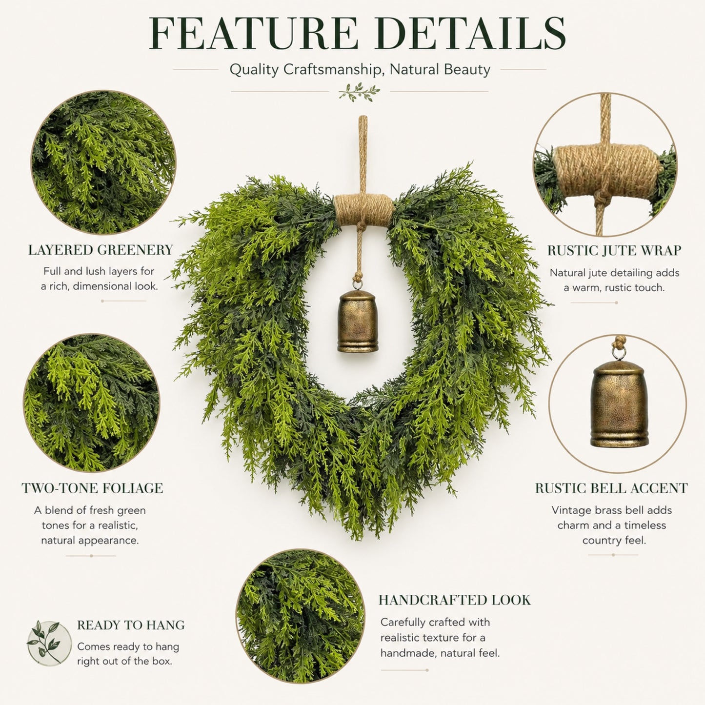 Artificial Heart Shaped Greenery Bell Wreath — view 4