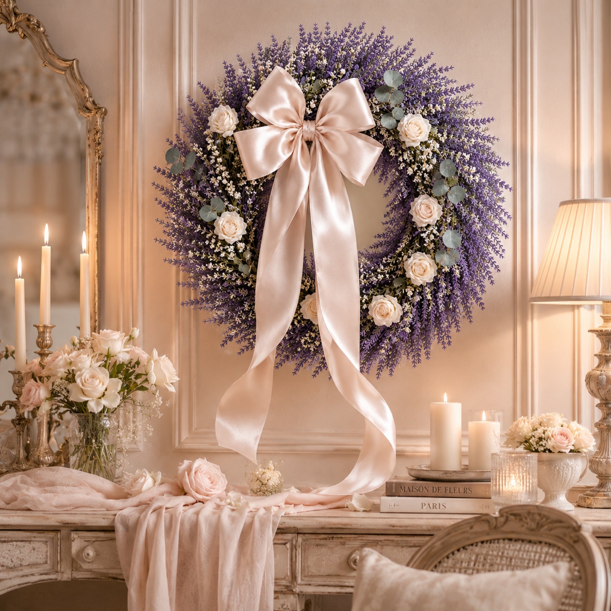 Artificial Lavender White Rose Wreath — view 3