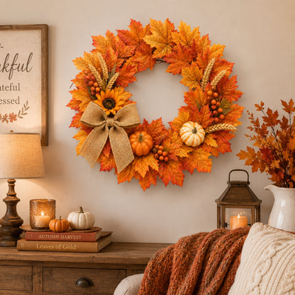 Artificial Maple Pumpkin Fall Wreath — view 2
