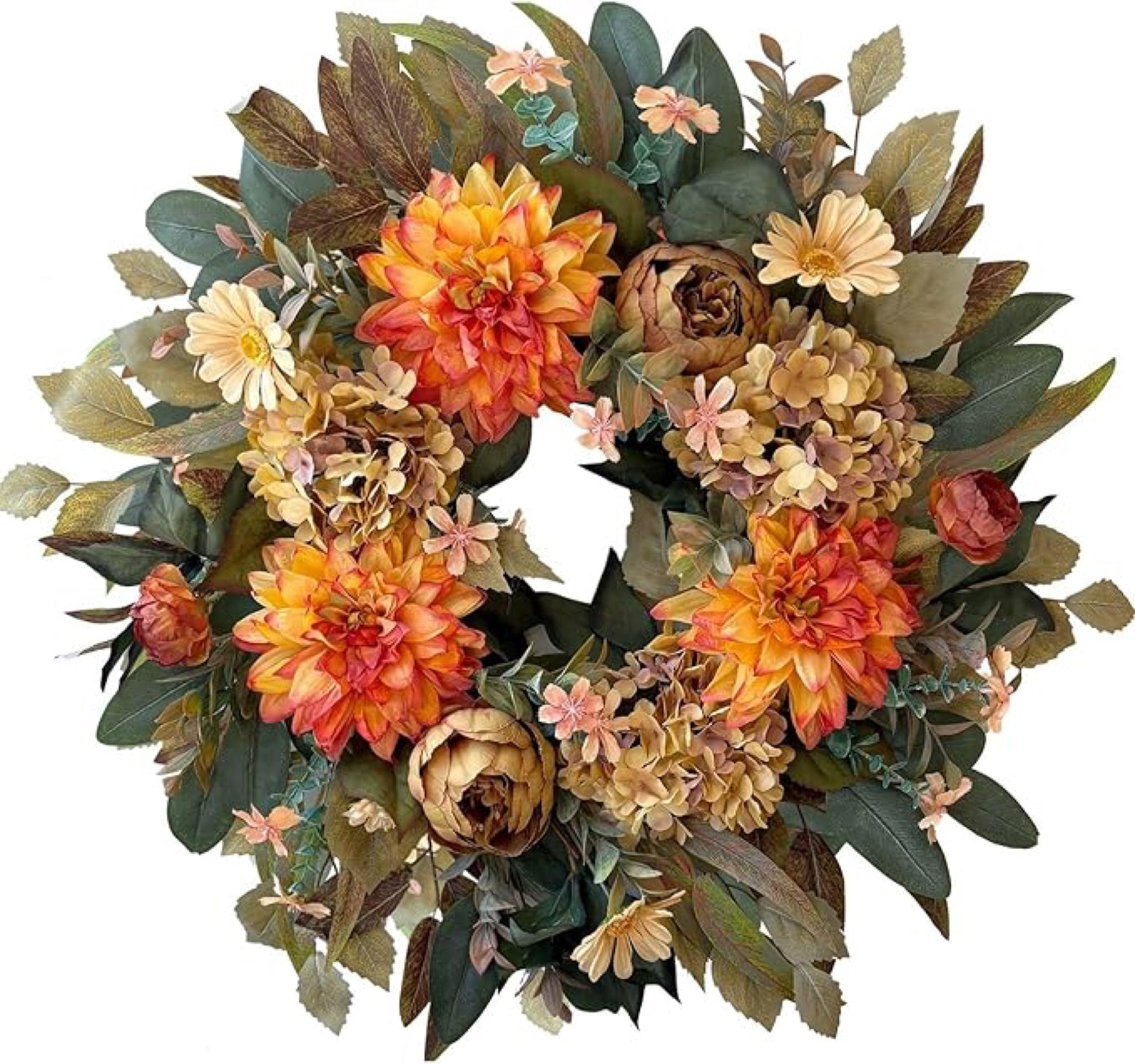 Artificial Orange Hydrangea Fall Wreath — view 1
