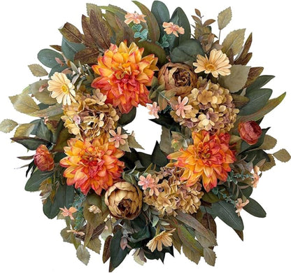 Artificial Orange Hydrangea Fall Wreath — view 1