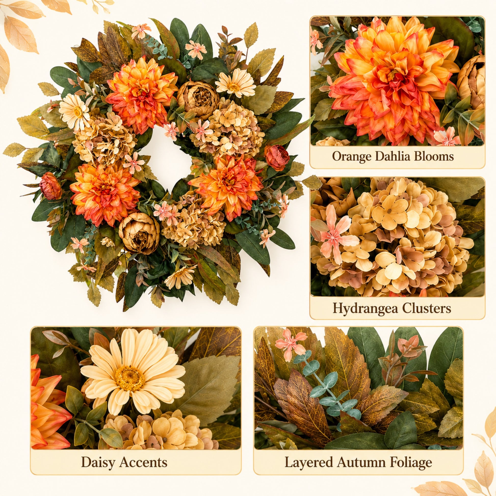 Artificial Orange Hydrangea Fall Wreath — view 2