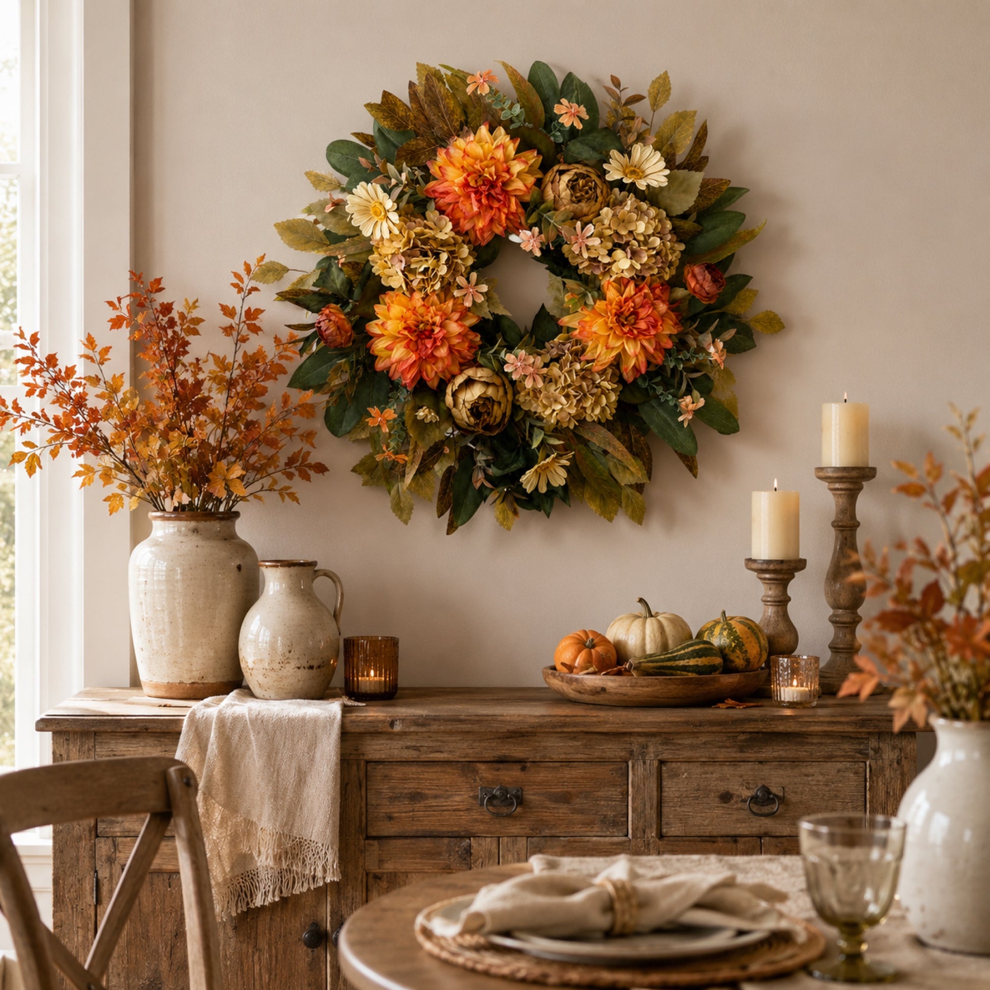 Artificial Orange Hydrangea Fall Wreath — view 3
