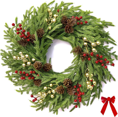 Artificial Pine Red Berry Bow Christmas Wreath — view 1