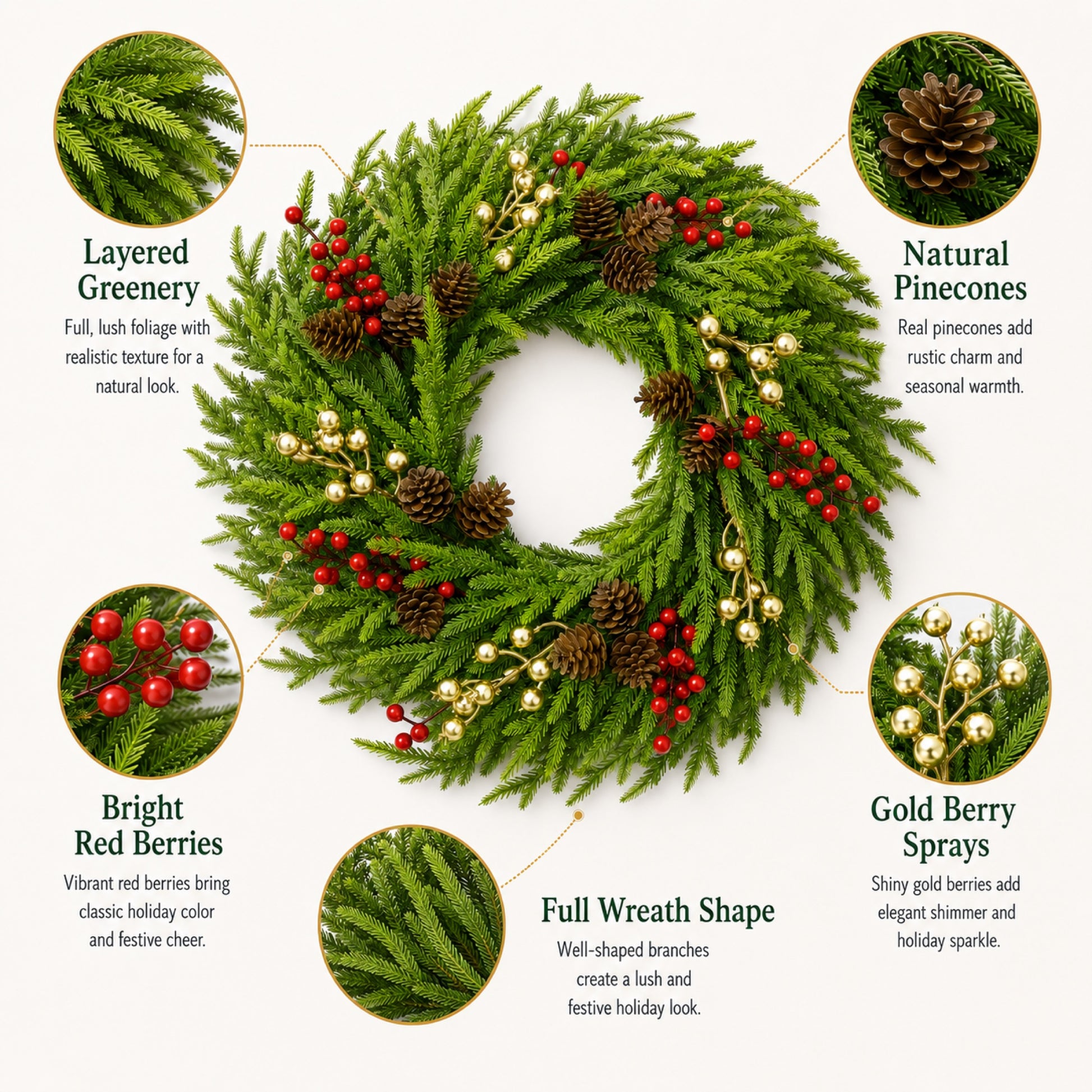 Artificial Pine Red Berry Bow Christmas Wreath — view 2