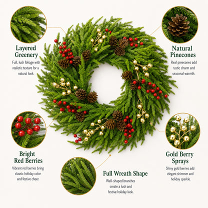 Artificial Pine Red Berry Bow Christmas Wreath — view 2