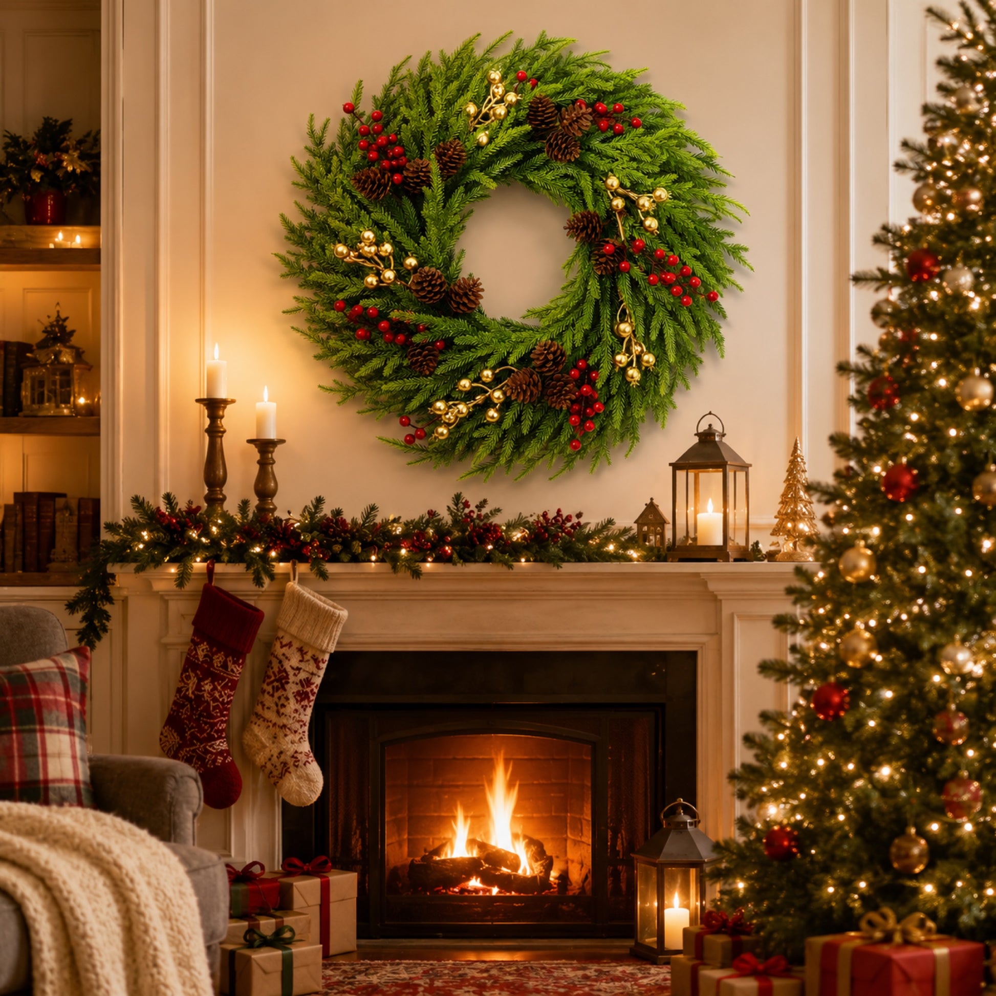 Artificial Pine Red Berry Bow Christmas Wreath — view 4