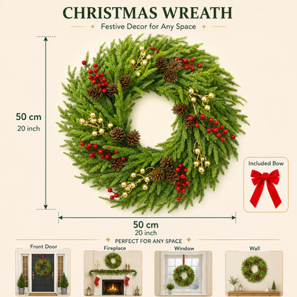 Artificial Pine Red Berry Bow Christmas Wreath — view 5