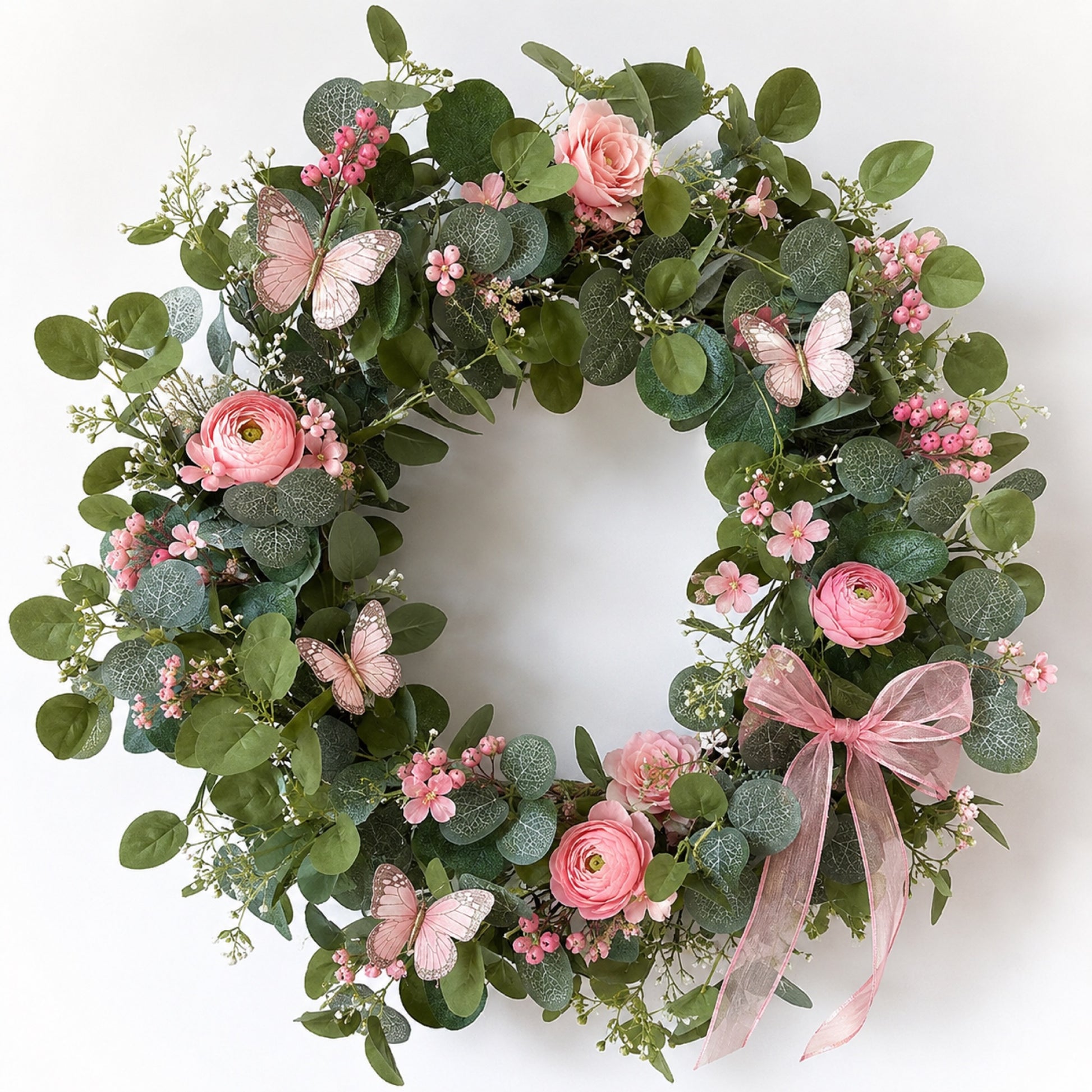 Artificial Pink Rose Butterfly Wreath — view 1