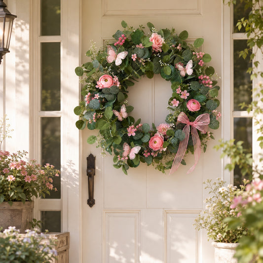 Artificial Pink Rose Butterfly Wreath — view 2