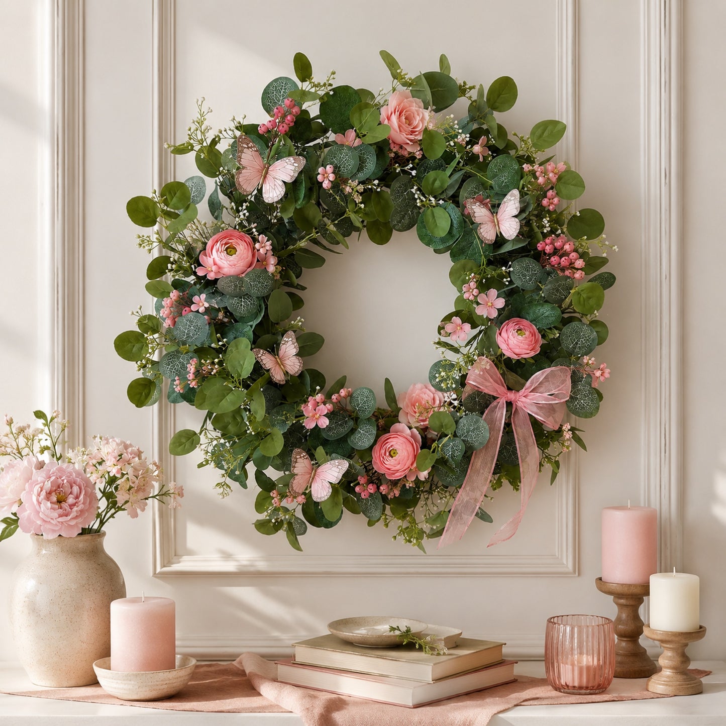 Artificial Pink Rose Butterfly Wreath — view 3