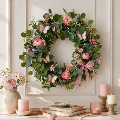 Artificial Pink Rose Butterfly Wreath — view 3