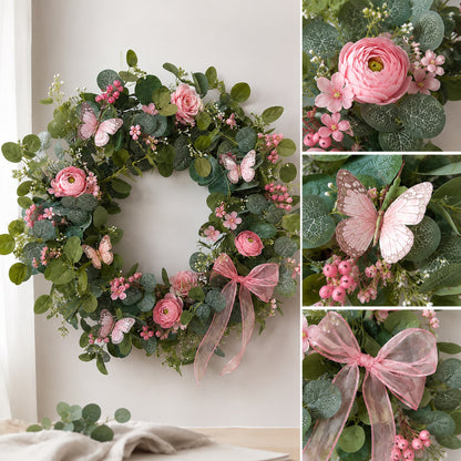 Artificial Pink Rose Butterfly Wreath — view 4