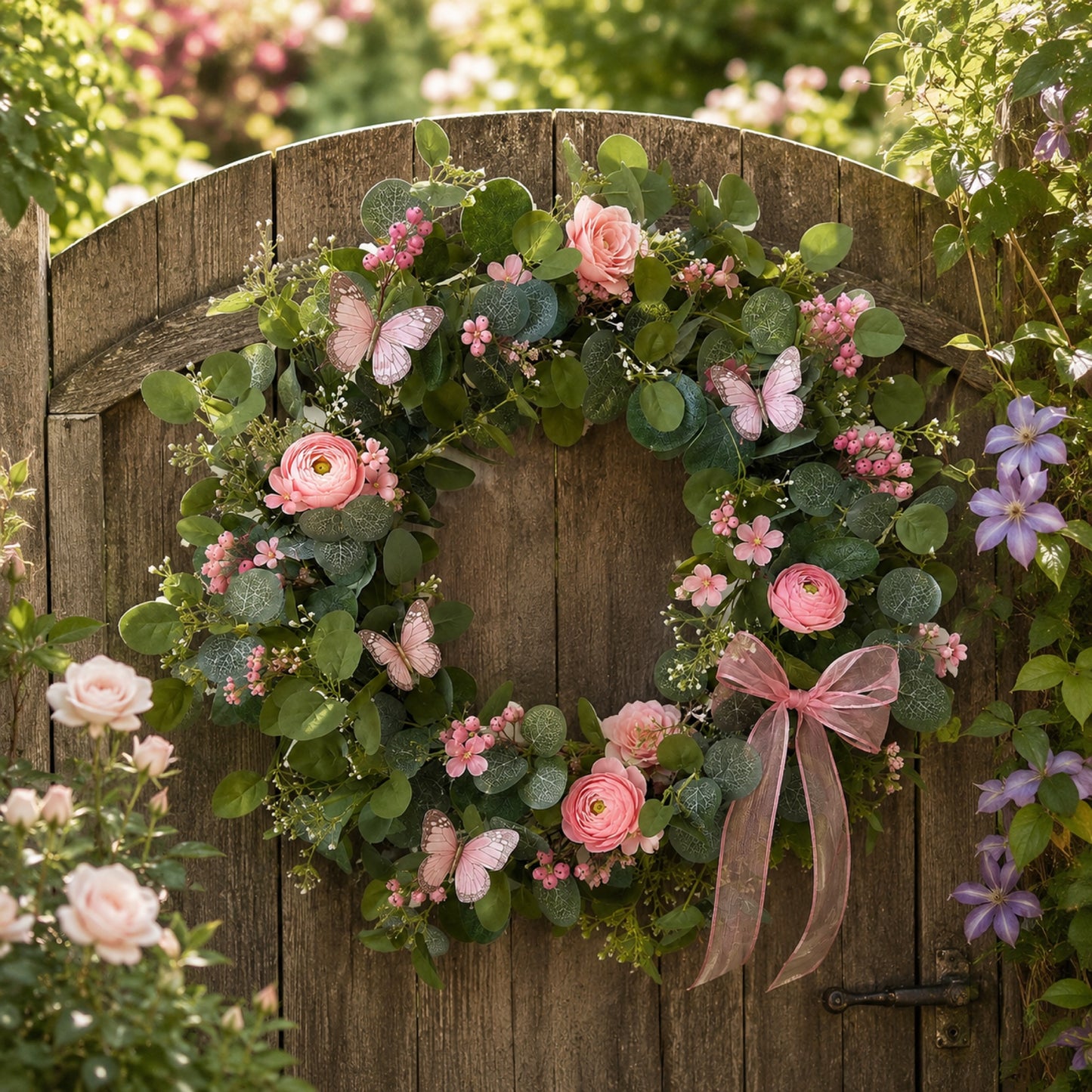 Artificial Pink Rose Butterfly Wreath — view 5