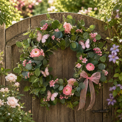 Artificial Pink Rose Butterfly Wreath — view 5