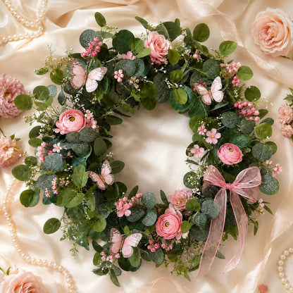 Artificial Pink Rose Butterfly Wreath — view 6