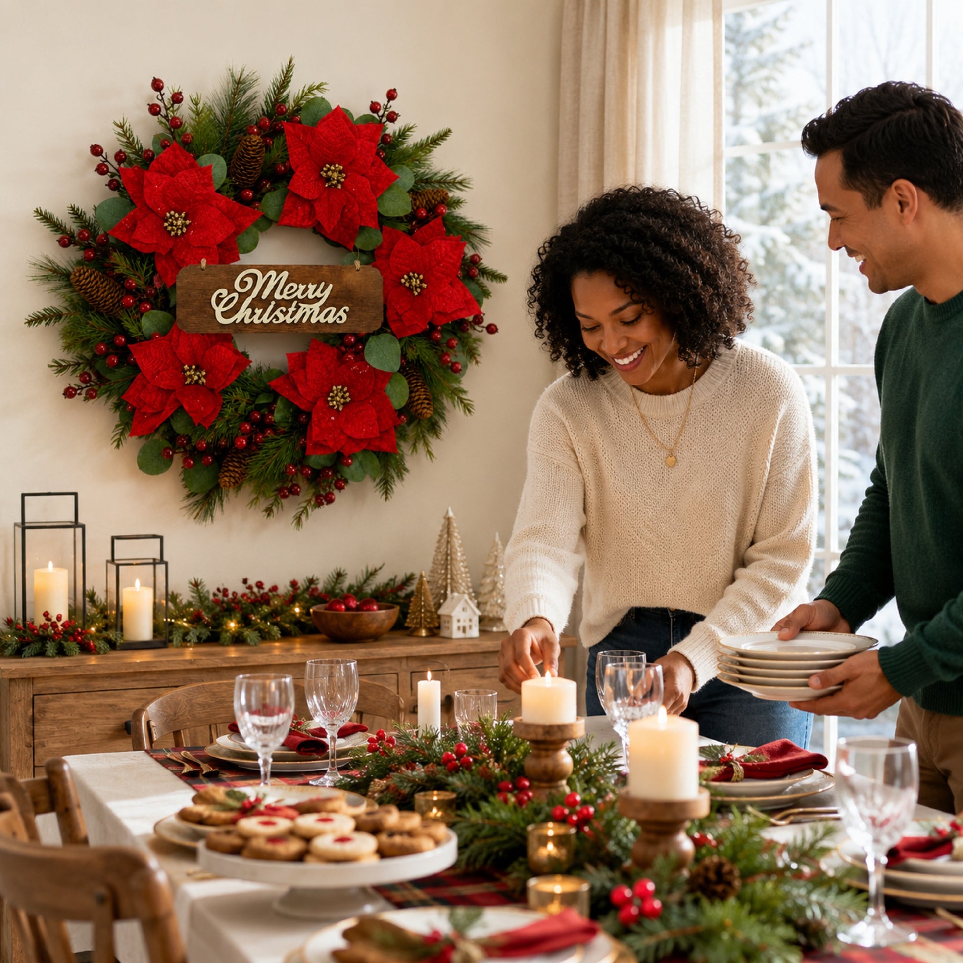 Artificial Poinsettia Pine Christmas Wreath — view 2