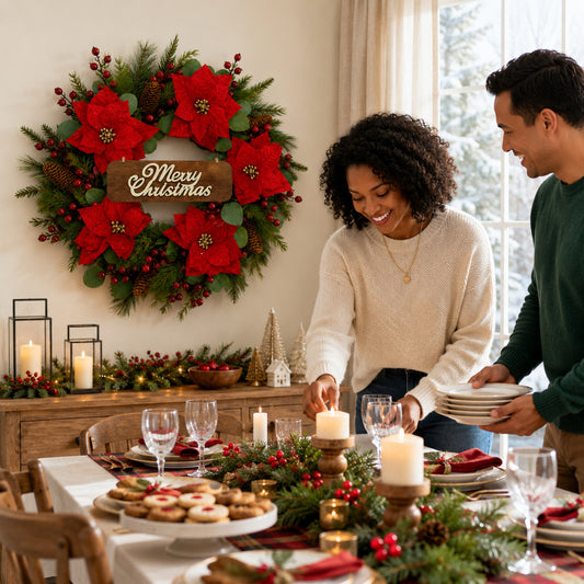 Artificial Poinsettia Pine Christmas Wreath — view 2