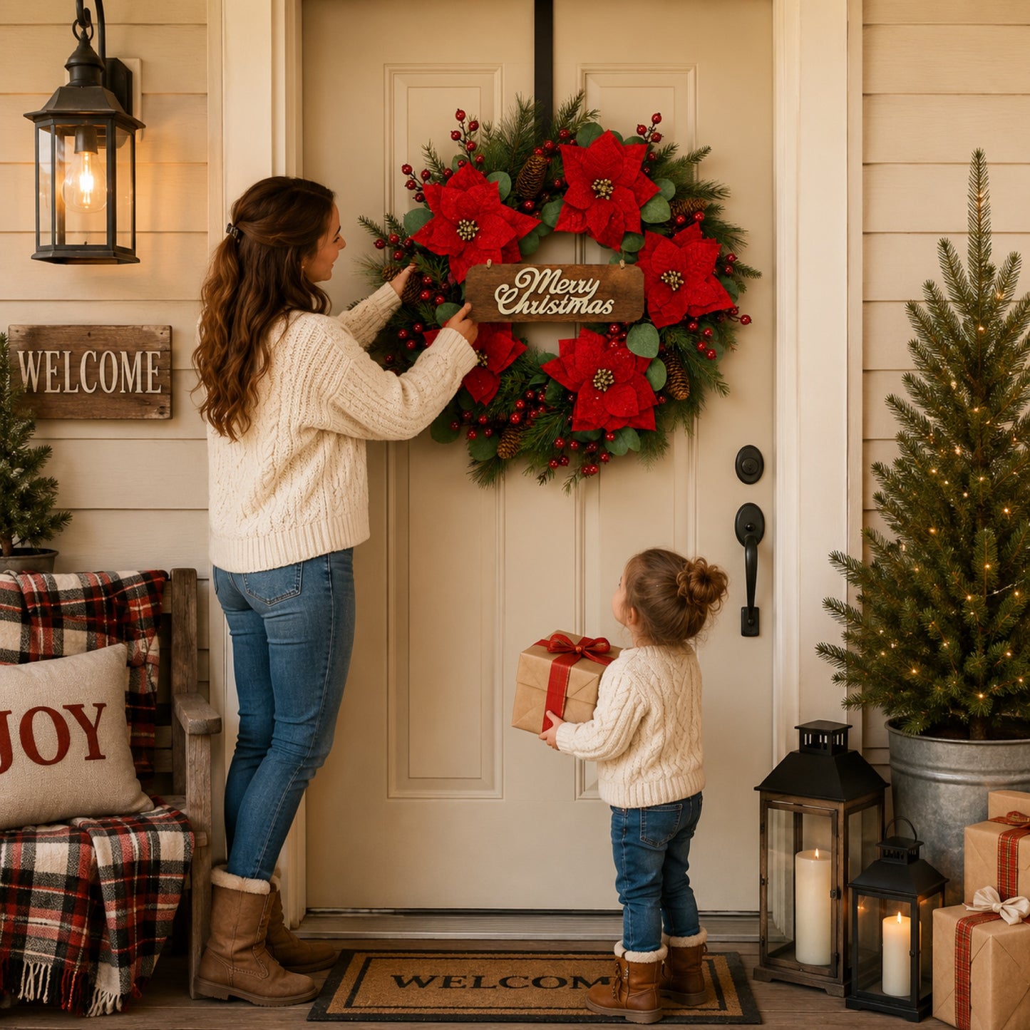 Artificial Poinsettia Pine Christmas Wreath — view 4