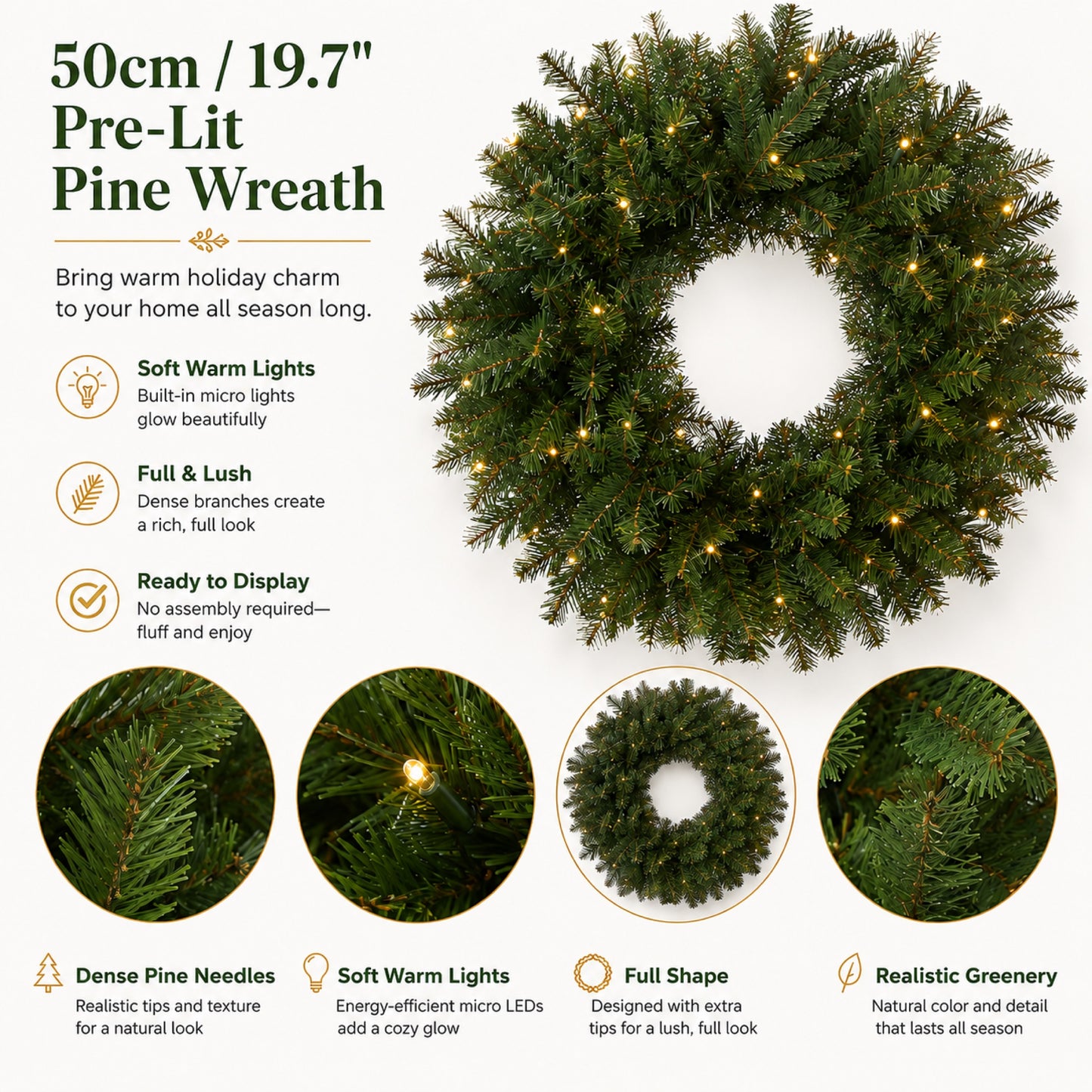 Artificial Pre Lit Fir Christmas Wreath — view 5