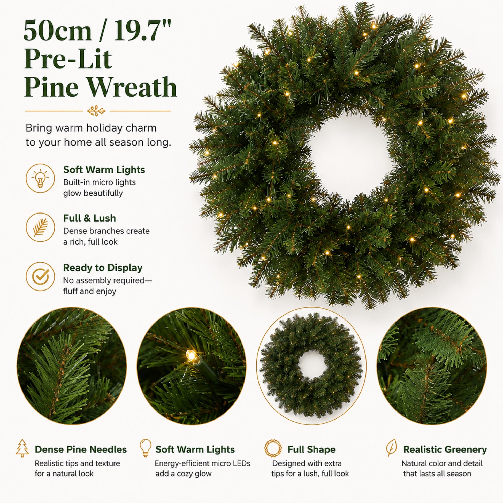 Artificial Pre Lit Fir Christmas Wreath — view 5
