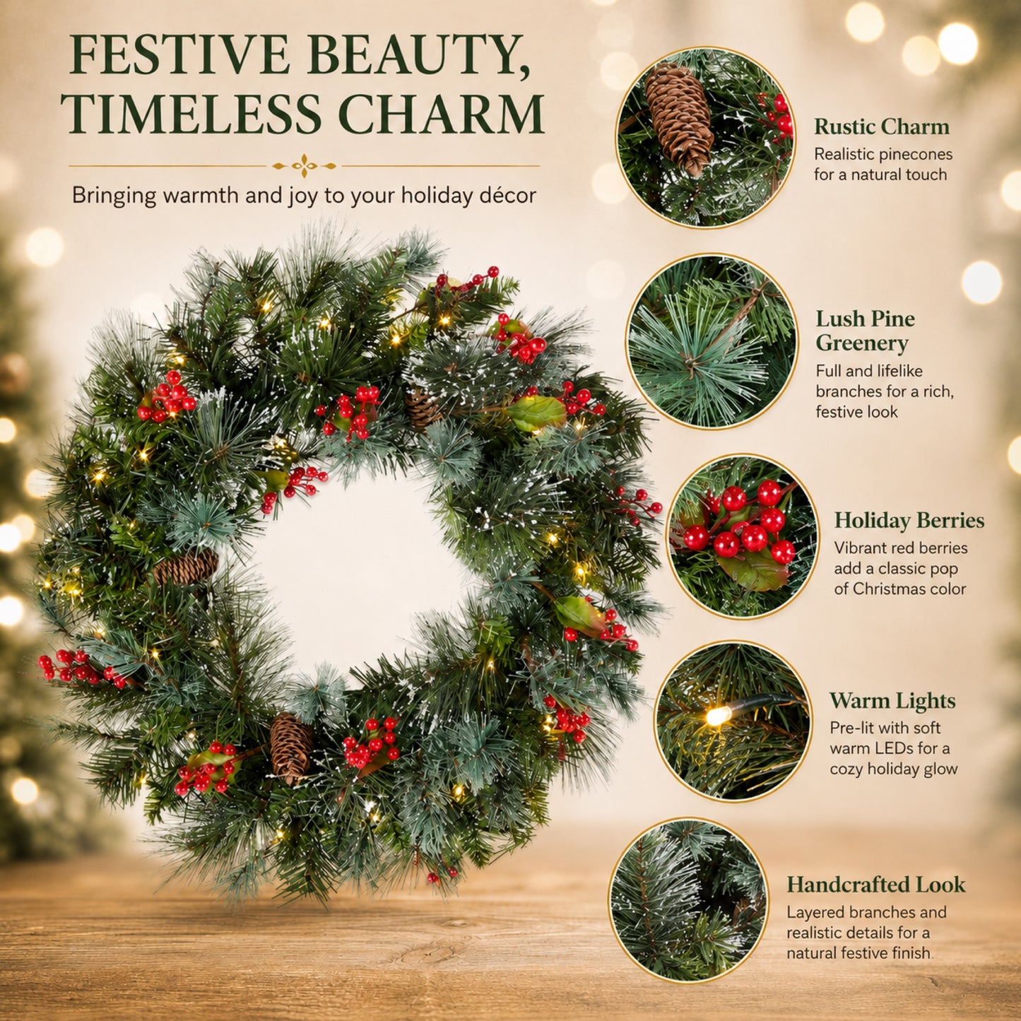 Artificial Pre Lit Flocked Cedar Christmas Wreath — view 3