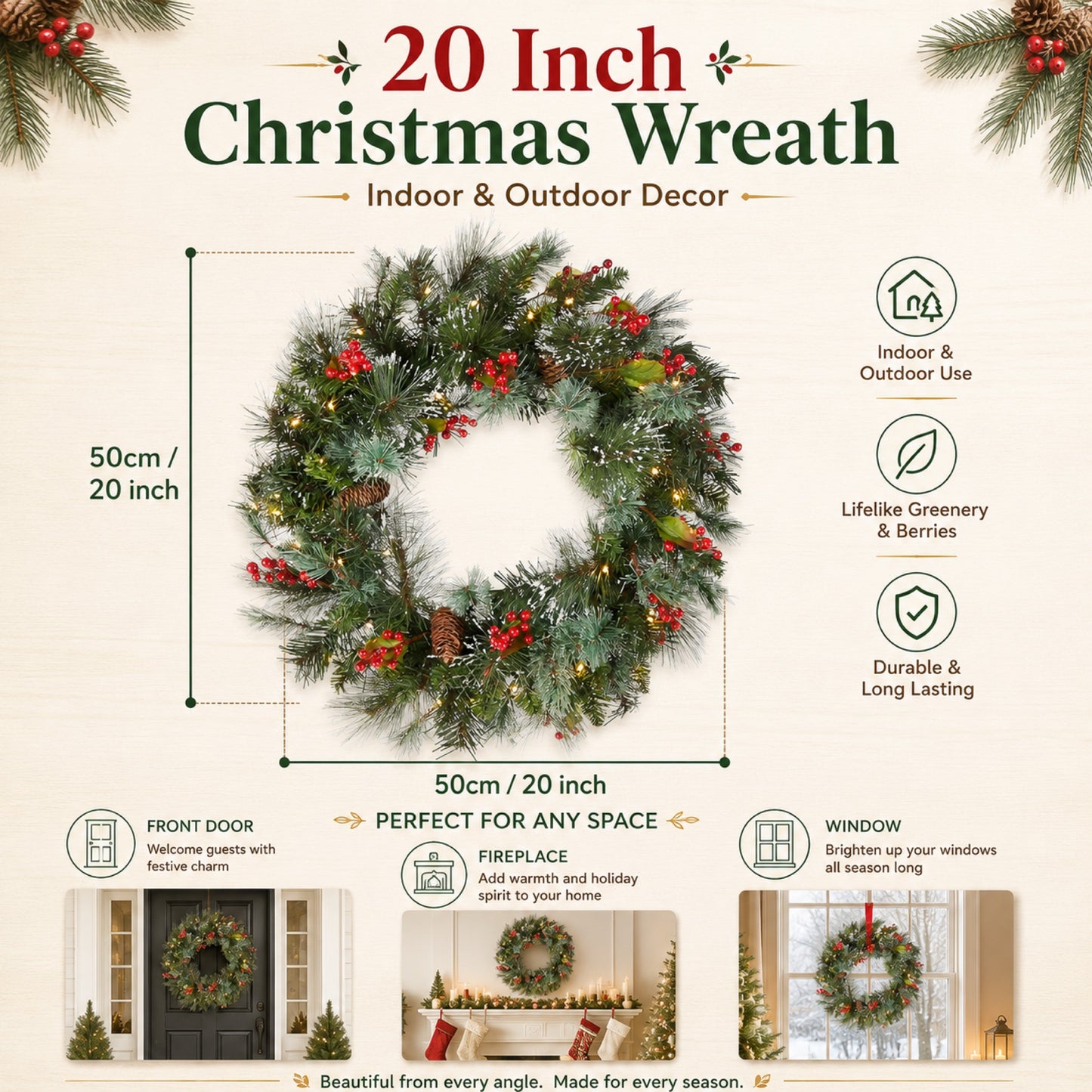 Artificial Pre Lit Flocked Cedar Christmas Wreath — view 4