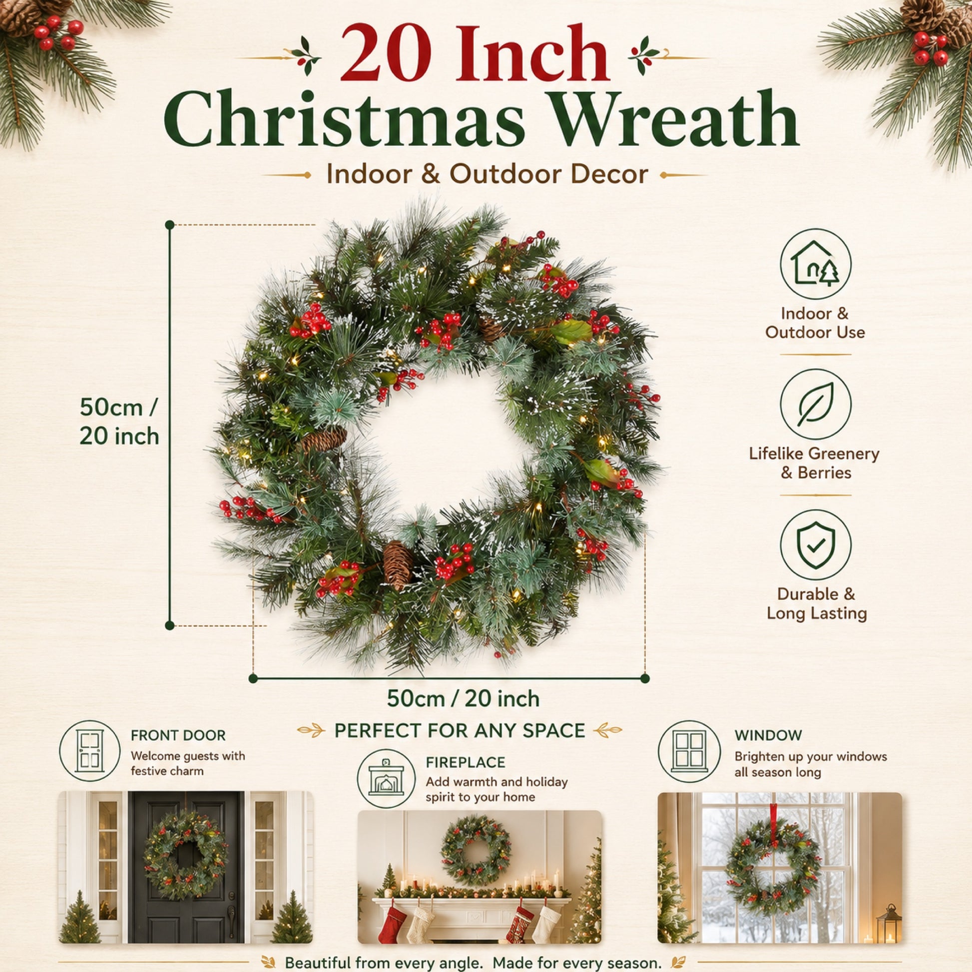 Artificial Pre Lit Flocked Cedar Christmas Wreath — view 4