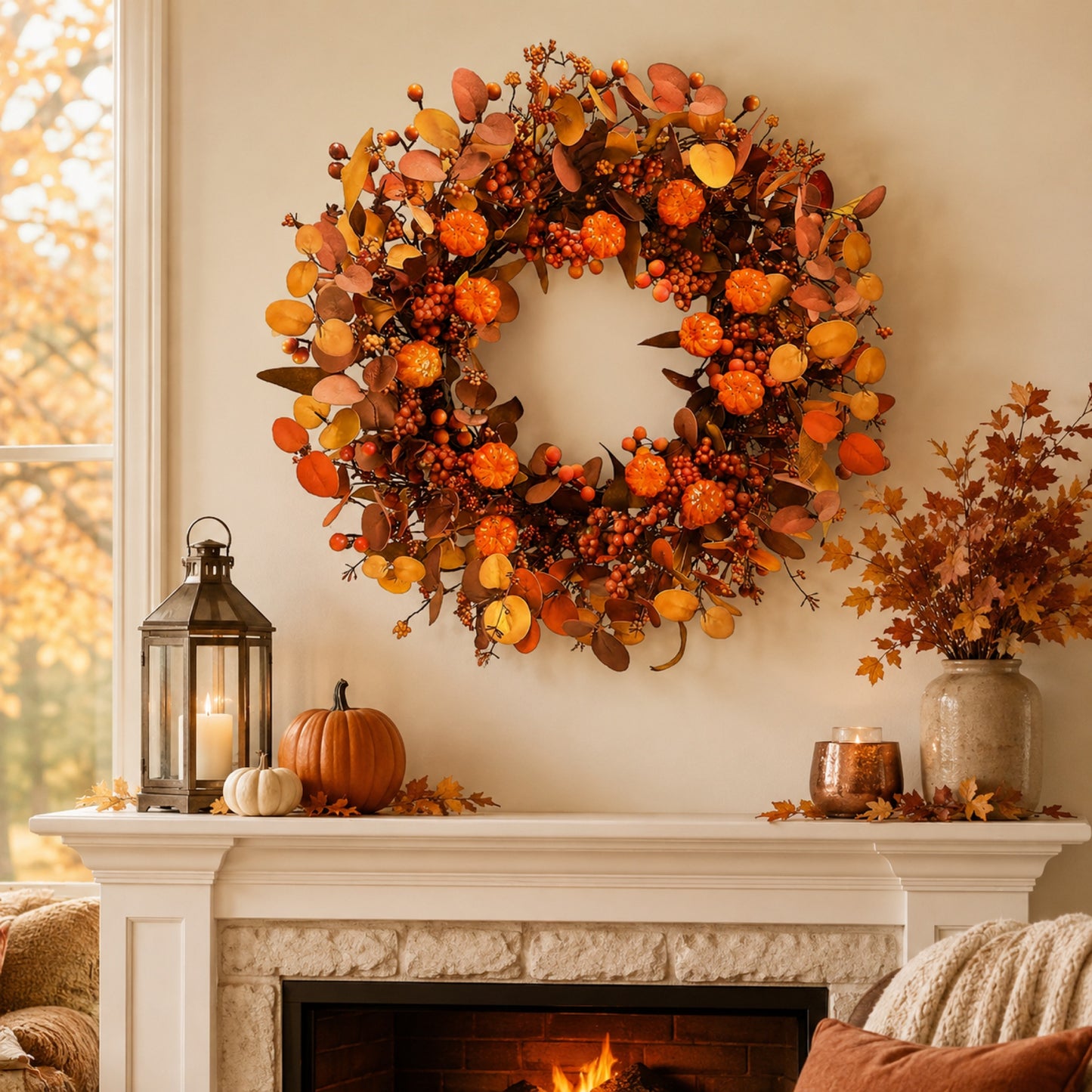 Artificial Pumpkin Orange Berry Fall Wreath — view 2
