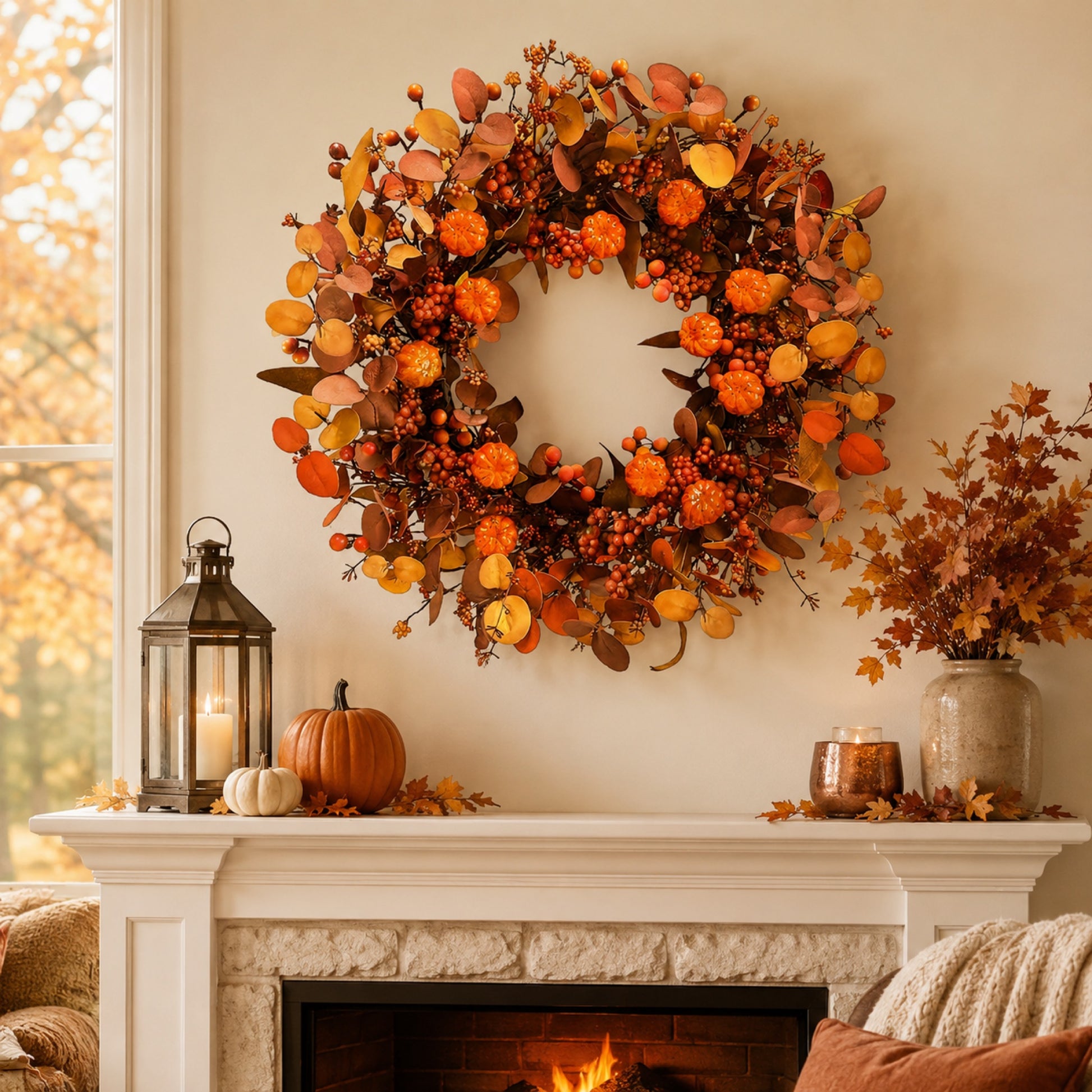 Artificial Pumpkin Orange Berry Fall Wreath — view 2
