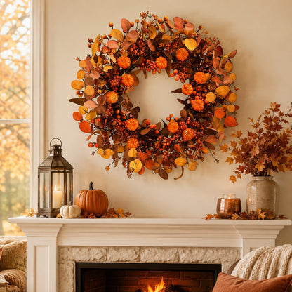 Artificial Pumpkin Orange Berry Fall Wreath — view 2
