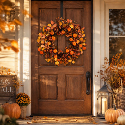 Artificial Pumpkin Orange Berry Fall Wreath — view 4